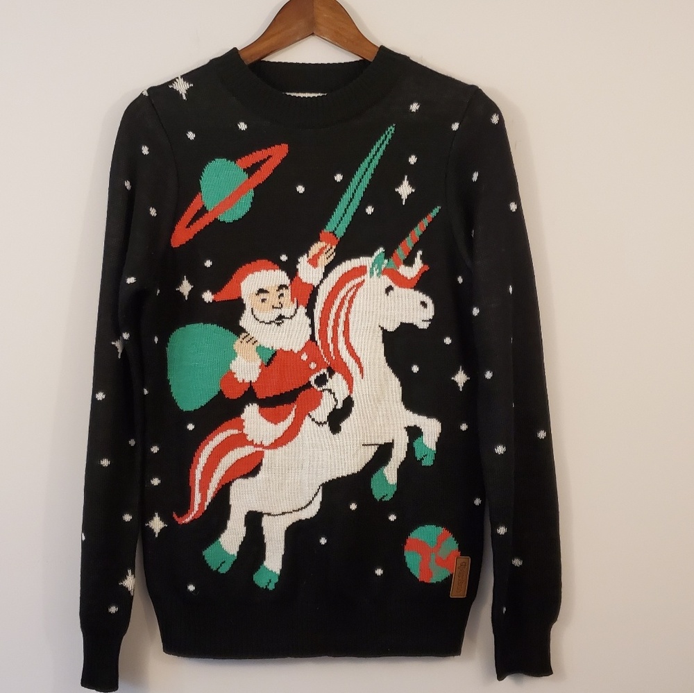 Tipsy Elves ugly Christmas sweater Santa unicorn
